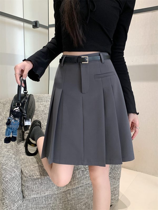 Plus-Size High-Waisted Gray Pleated Skirt for Women - Mid-Length A-Line Half Skirt, Spring Summer College Style, Anti-Exposure Design