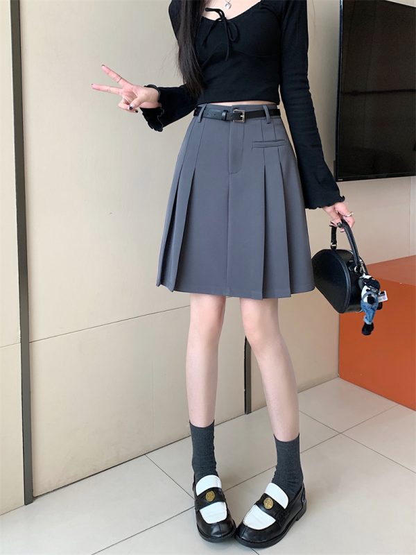 Plus-Size High-Waisted Gray Pleated Skirt for Women - Mid-Length A-Line Half Skirt, Spring Summer College Style, Anti-Exposure Design