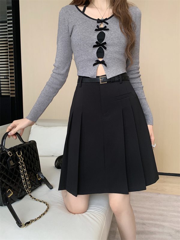 Plus-Size High-Waisted Gray Pleated Skirt for Women - Mid-Length A-Line Half Skirt, Spring Summer College Style, Anti-Exposure Design