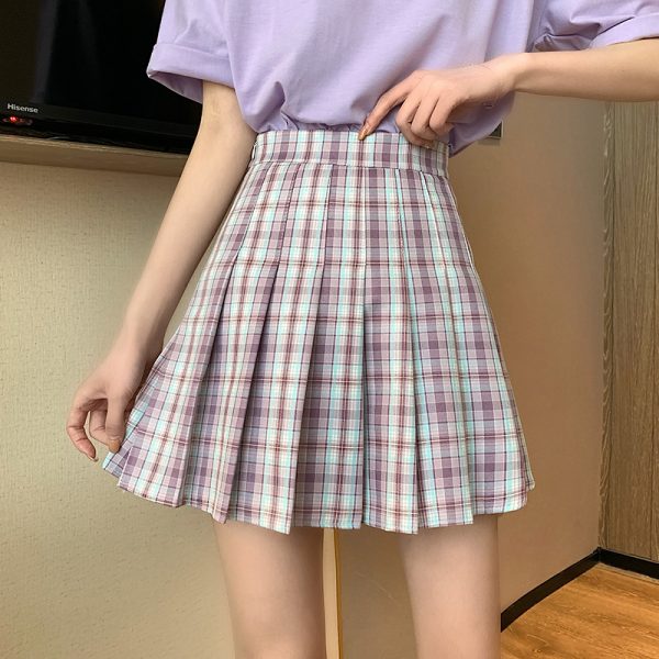 Plus Size High-Waisted Plaid Pleated Skirt for Women - 2025 Spring Summer College Style Short Skirt, Anti-Exposure Design