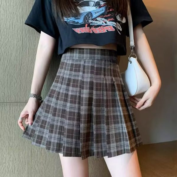 Plus Size High-Waisted Plaid Pleated Skirt for Women - 2025 Spring Summer College Style Short Skirt, Anti-Exposure Design