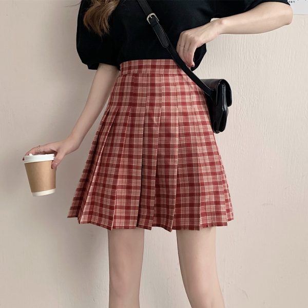 Plus Size High-Waisted Plaid Pleated Skirt for Women - 2025 Spring Summer College Style Short Skirt, Anti-Exposure Design