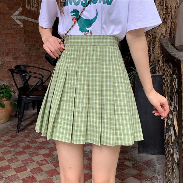 Plus Size High-Waisted Plaid Pleated Skirt for Women - 2025 Spring Summer College Style Short Skirt, Anti-Exposure Design
