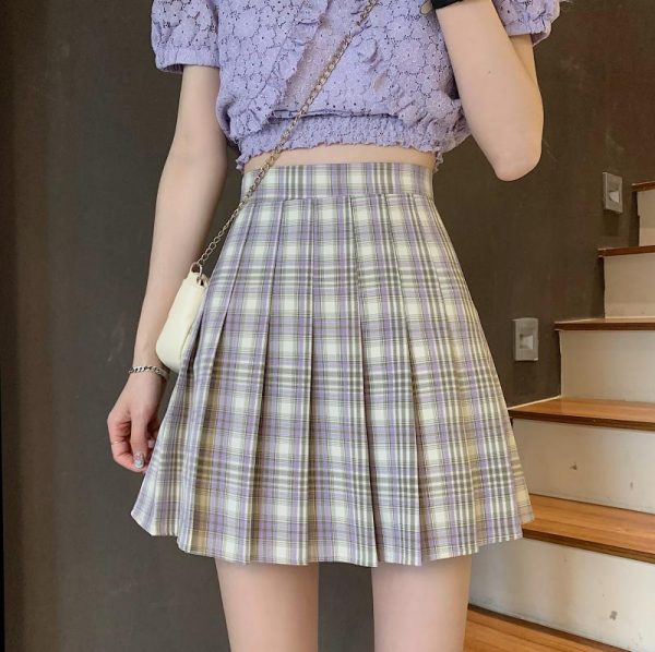 Plus Size High-Waisted Plaid Pleated Skirt for Women - 2025 Spring Summer College Style Short Skirt, Anti-Exposure Design
