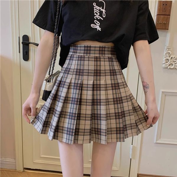 Plus Size High-Waisted Plaid Pleated Skirt for Women - 2025 Spring Summer College Style Short Skirt, Anti-Exposure Design