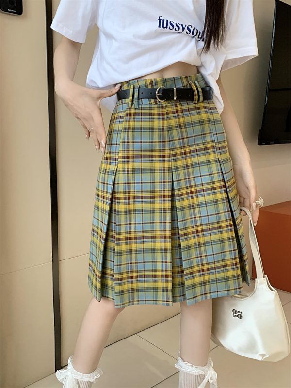Plus Size High-Waisted Plaid Pleated Skirt for Women - Summer Blue and Yellow Checkered A-Line Mid-Length College Style Skirt