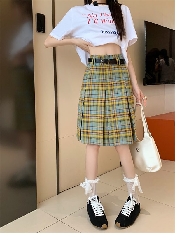 Plus Size High-Waisted Plaid Pleated Skirt for Women - Summer Blue and Yellow Checkered A-Line Mid-Length College Style Skirt