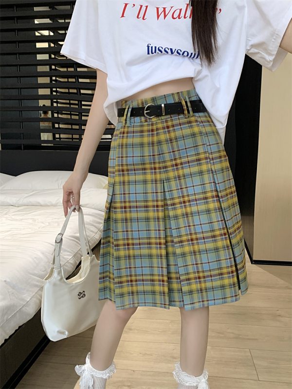 Plus Size High-Waisted Plaid Pleated Skirt for Women - Summer Blue and Yellow Checkered A-Line Mid-Length College Style Skirt
