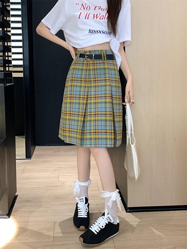 Plus Size High-Waisted Plaid Pleated Skirt for Women - Summer Blue and Yellow Checkered A-Line Mid-Length College Style Skirt