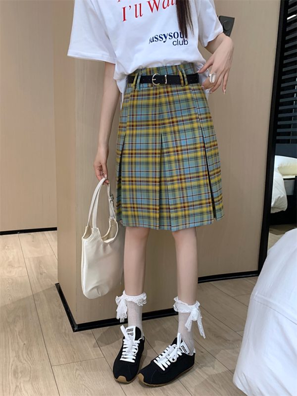 Plus Size High-Waisted Plaid Pleated Skirt for Women - Summer Blue and Yellow Checkered A-Line Mid-Length College Style Skirt