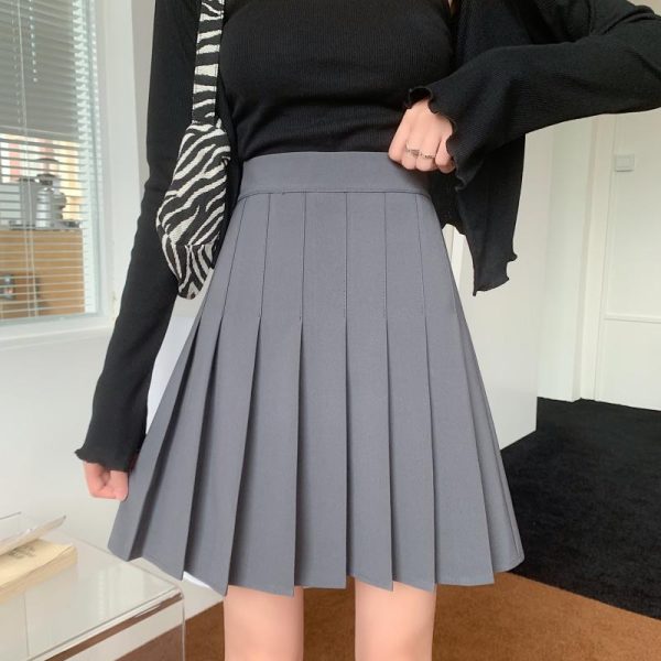Plus-Size High-Waisted Pleated A-Line Skirt for Women - JK Style Gray Mid-Length Spring Summer Skirt for Curvy Figures