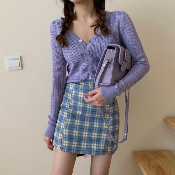 Plus Size High-Waisted Purple Plaid Bodycon Skirt with Slit for Women - Flattering Short Skirt for Curvy Figures, Trendy Fashion Essential