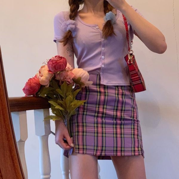 Plus Size High-Waisted Purple Plaid Bodycon Skirt with Slit for Women - Flattering Short Skirt for Curvy Figures, Trendy Fashion Essential