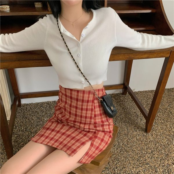Plus Size High-Waisted Purple Plaid Bodycon Skirt with Slit for Women - Flattering Short Skirt for Curvy Figures, Trendy Fashion Essential