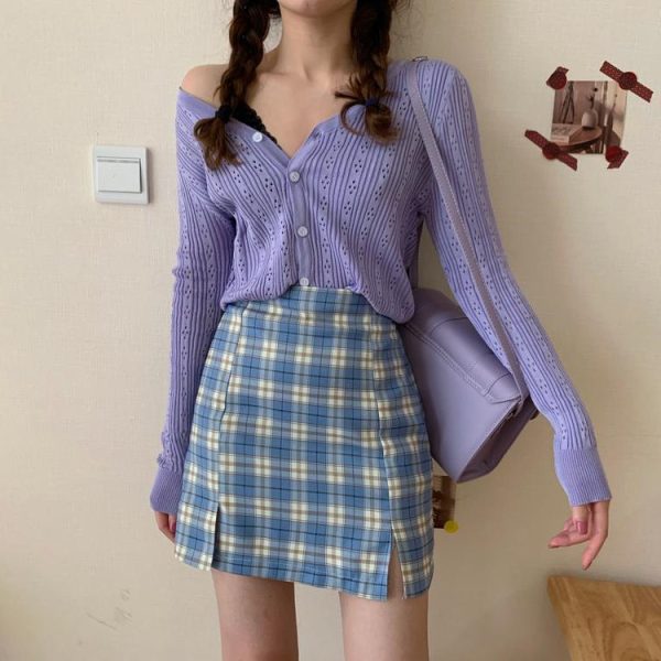Plus Size High-Waisted Purple Plaid Bodycon Skirt with Slit for Women - Flattering Short Skirt for Curvy Figures, Trendy Fashion Essential