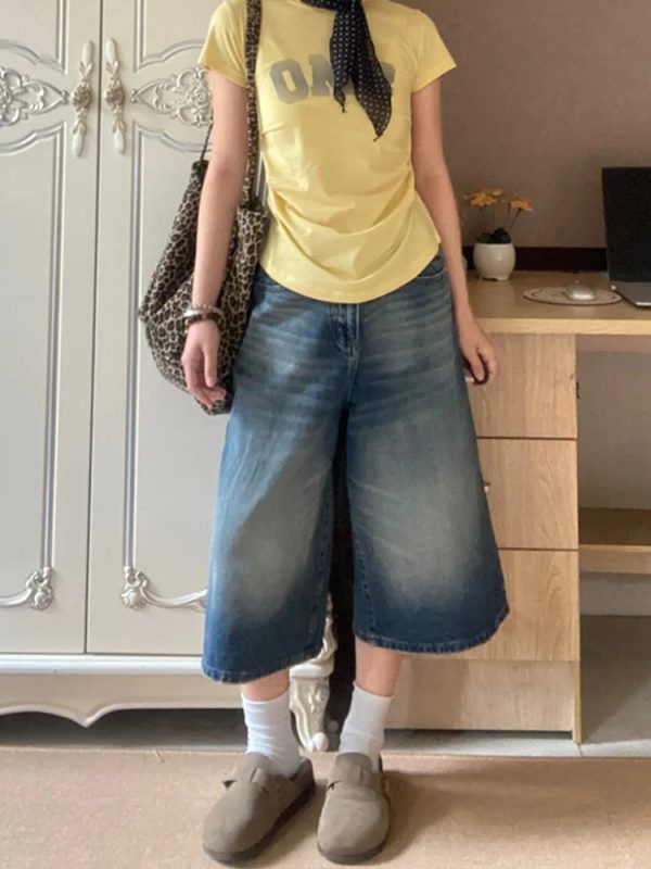 Plus Size High-Waisted Wide-Leg Denim Capri Pants for Women - Flattering Loose Fit American Style Shorts 2025