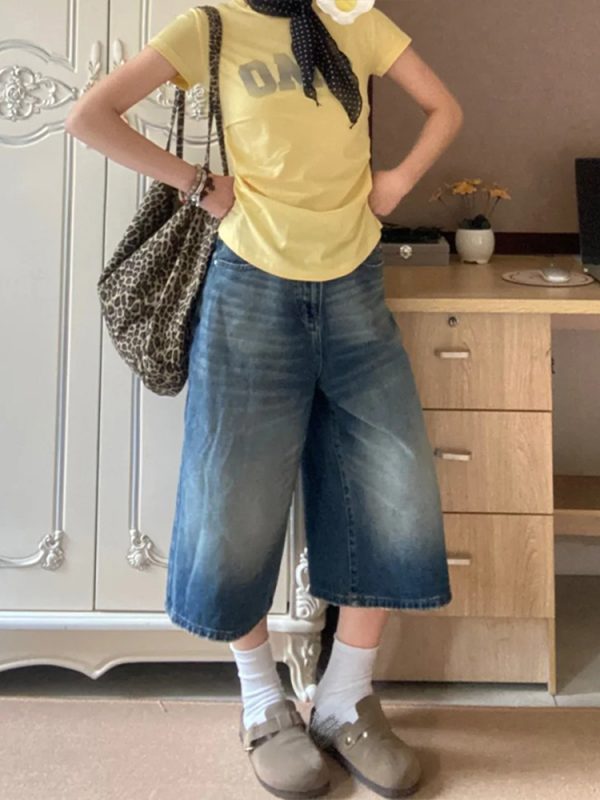 Plus Size High-Waisted Wide-Leg Denim Capri Pants for Women - Flattering Loose Fit American Style Shorts 2025