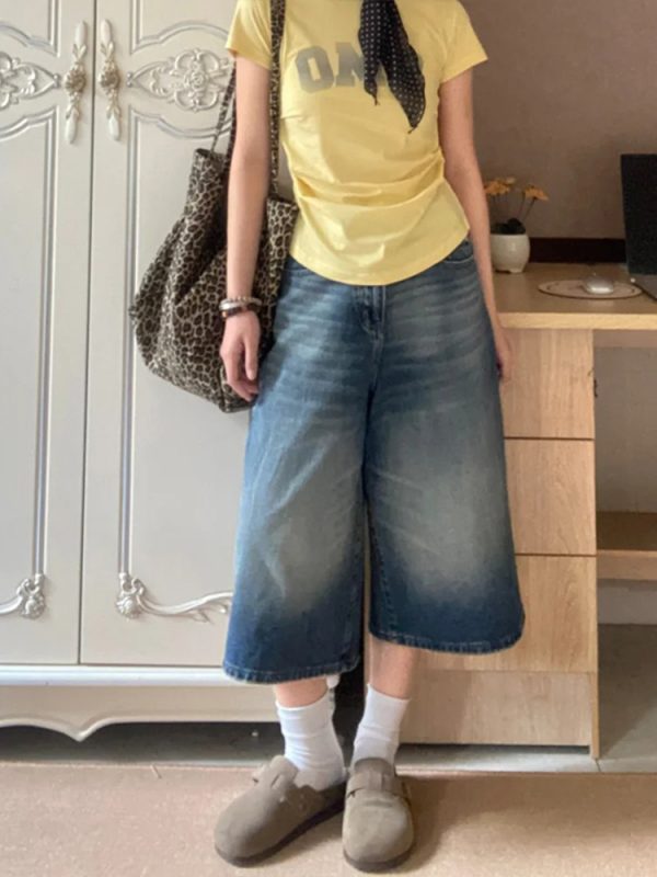 Plus Size High-Waisted Wide-Leg Denim Capri Pants for Women - Flattering Loose Fit American Style Shorts 2025
