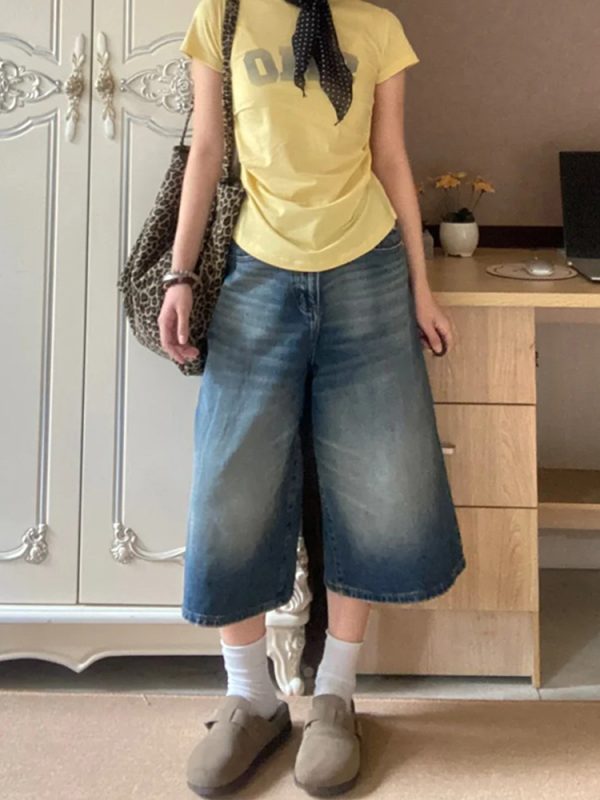 Plus Size High-Waisted Wide-Leg Denim Capri Pants for Women - Flattering Loose Fit American Style Shorts 2025