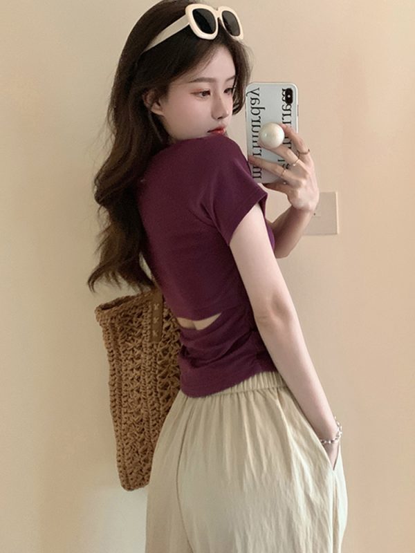 Plus-Size Hollow Out Pleated Shoulder Short Sleeve T-Shirt for Women - Summer Slimming Top, Spicy Girl Design, Covers Belly