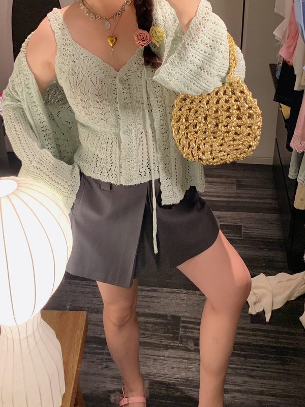Plus Size Ice Silk Knitted Cardigan and Camisole Two-Piece Set for Curvy Women - Spring/Summer 2025 Fashion