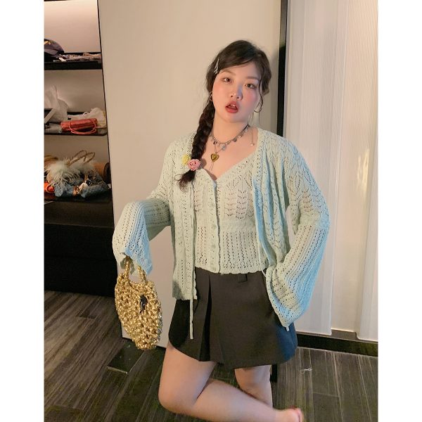 Plus Size Ice Silk Knitted Cardigan and Camisole Two-Piece Set for Curvy Women - Spring/Summer 2025 Fashion