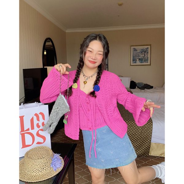 Plus Size Ice Silk Knitted Cardigan and Camisole Two-Piece Set for Curvy Women - Spring/Summer 2025 Fashion