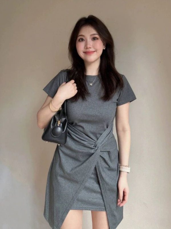 Plus Size Irregular Short Sleeve Dress for Women, Flattering Waist-Cinching T-Shirt Style, Summer Chic for Pear-Shaped Figures
