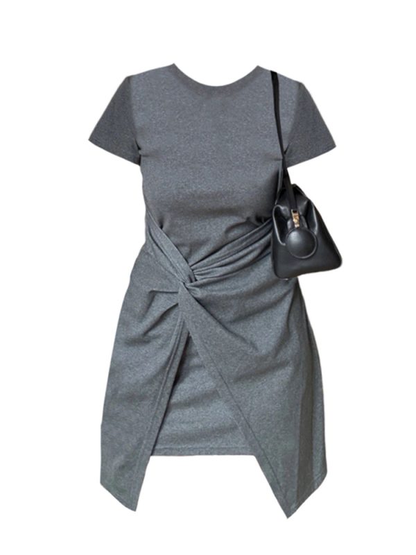 Plus Size Irregular Short Sleeve Dress for Women, Flattering Waist-Cinching T-Shirt Style, Summer Chic for Pear-Shaped Figures