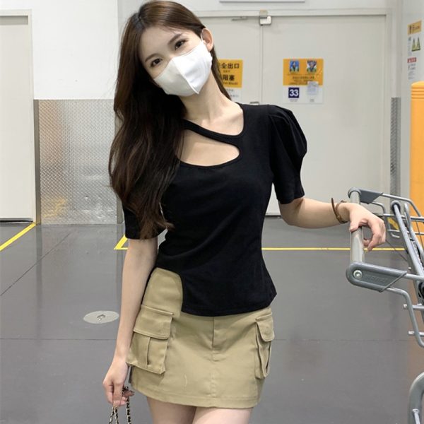 Plus-Size Irregular Short Sleeve T-Shirt for Women - Summer Korean Design, Slim Fit, Flattering Cropped Shoulder Top