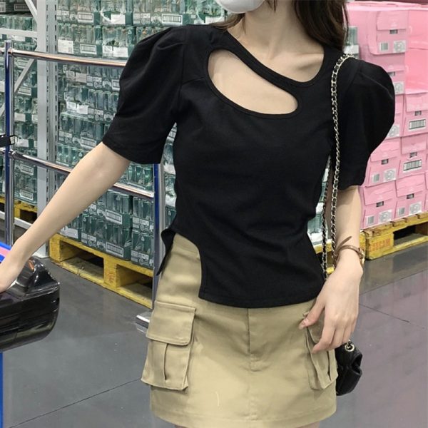 Plus-Size Irregular Short Sleeve T-Shirt for Women - Summer Korean Design, Slim Fit, Flattering Cropped Shoulder Top