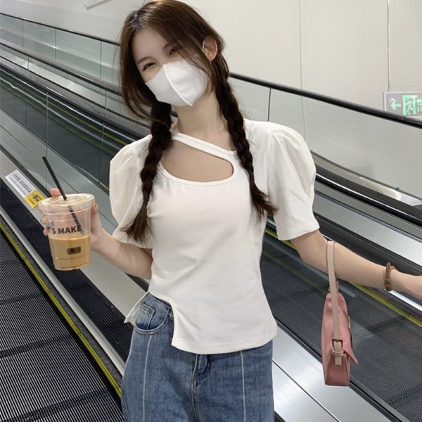 Plus-Size Irregular Short Sleeve T-Shirt for Women - Summer Korean Design, Slim Fit, Flattering Cropped Shoulder Top