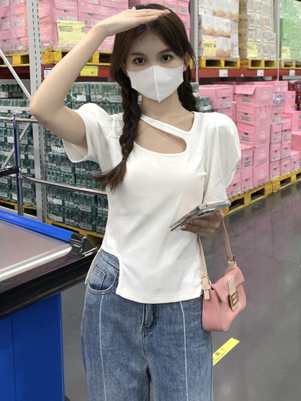 Plus-Size Irregular Short Sleeve T-Shirt for Women - Summer Korean Design, Slim Fit, Flattering Cropped Shoulder Top