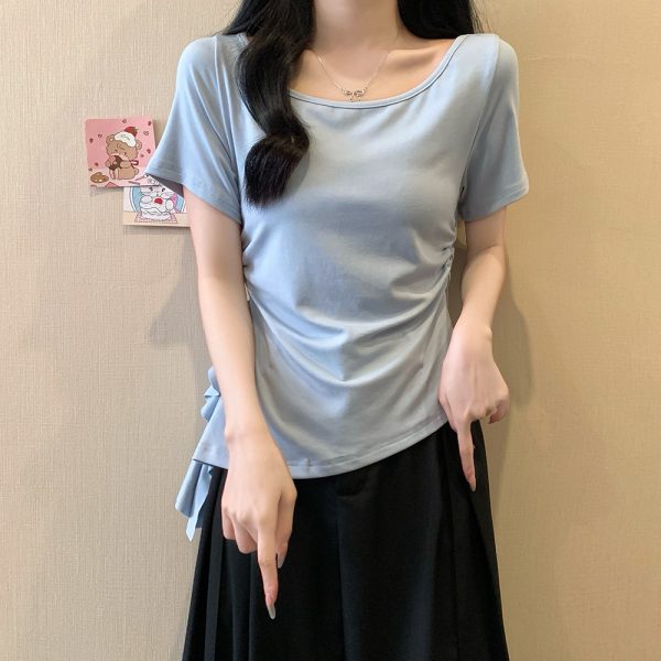 Plus Size Irregular Shoulder Short Sleeve T-Shirt for Women - Summer Ruffle Drawstring Waist Top, Slimming Fit, Trendy Style