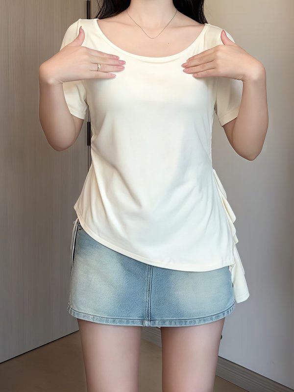 Plus Size Irregular Shoulder Short Sleeve T-Shirt for Women - Summer Ruffle Drawstring Waist Top, Slimming Fit, Trendy Style