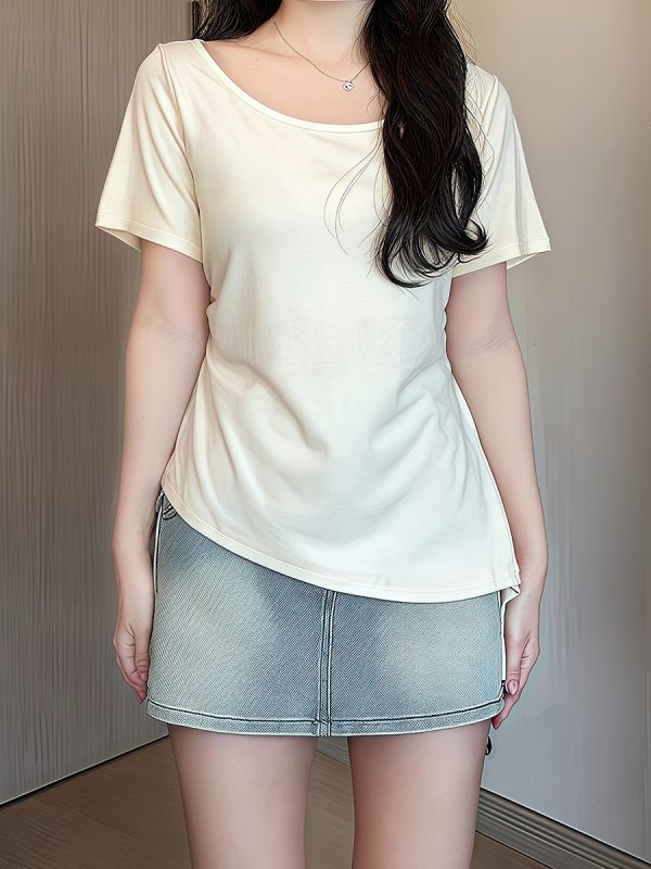 Plus Size Irregular Shoulder Short Sleeve T-Shirt for Women - Summer Ruffle Drawstring Waist Top, Slimming Fit, Trendy Style
