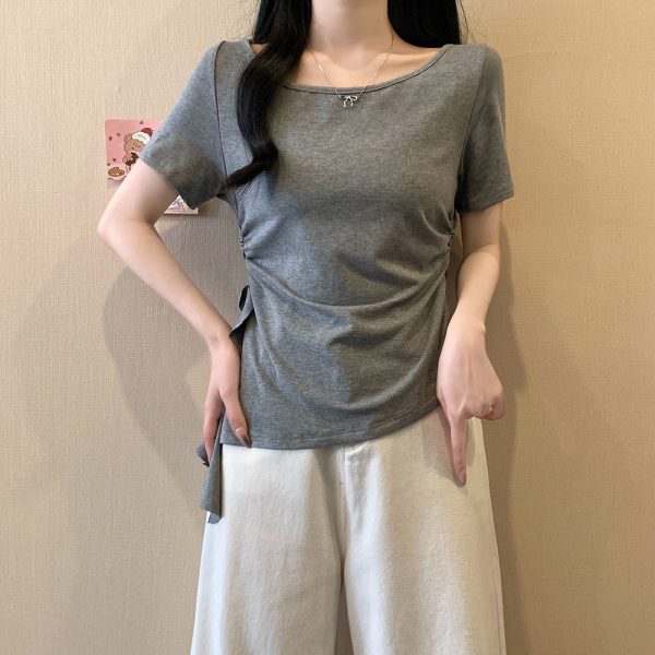 Plus Size Irregular Shoulder Short Sleeve T-Shirt for Women - Summer Ruffle Drawstring Waist Top, Slimming Fit, Trendy Style