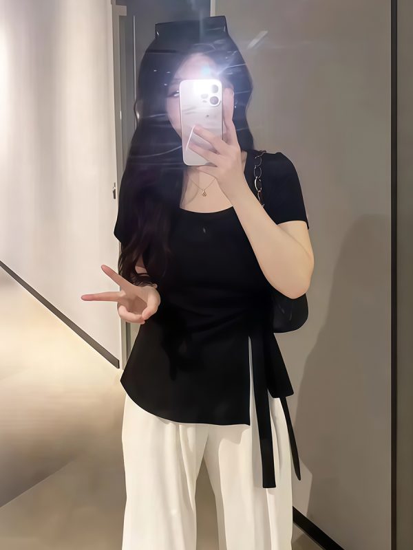 Plus-Size Irregular U-Neck Short Sleeve T-Shirt for Women - Flattering Cinched Waist, Summer Essential, French Design