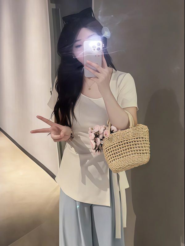 Plus-Size Irregular U-Neck Short Sleeve T-Shirt for Women - Flattering Cinched Waist, Summer Essential, French Design