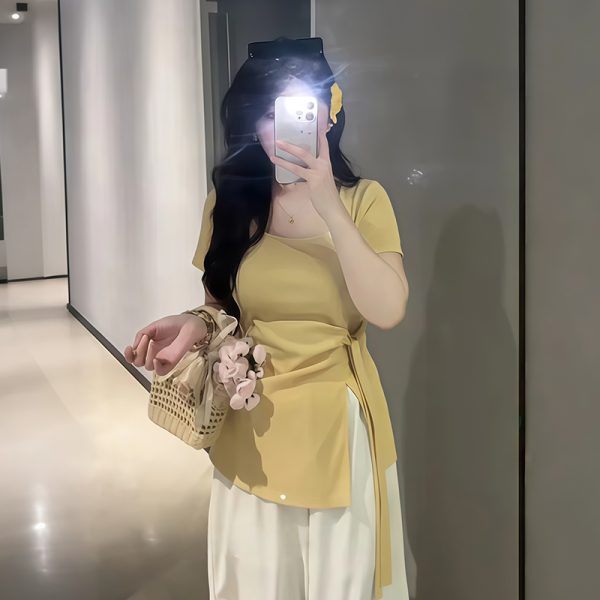 Plus-Size Irregular U-Neck Short Sleeve T-Shirt for Women - Flattering Cinched Waist, Summer Essential, French Design