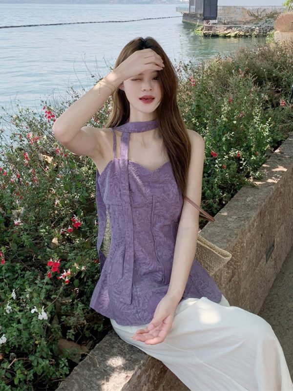 Plus Size Jacquard Camisole for Women - Stylish Summer French Design with Flowing Straps - Short Sleeveless Top