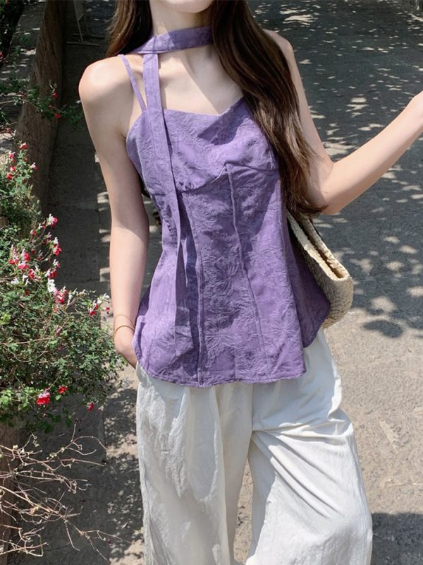 Plus Size Jacquard Camisole for Women - Stylish Summer French Design with Flowing Straps - Short Sleeveless Top