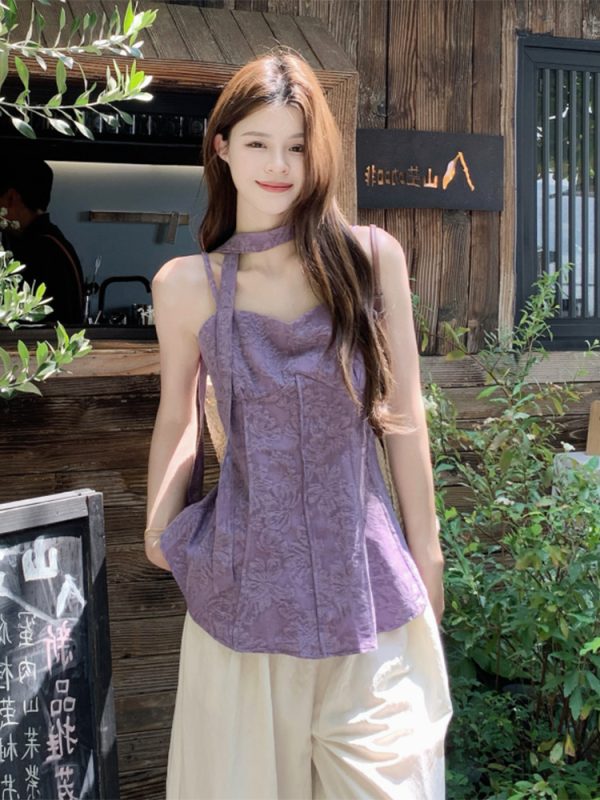 Plus Size Jacquard Camisole for Women - Stylish Summer French Design with Flowing Straps - Short Sleeveless Top