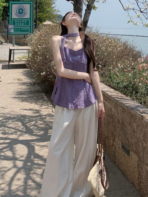 Plus Size Jacquard Camisole for Women - Stylish Summer French Design with Flowing Straps - Short Sleeveless Top
