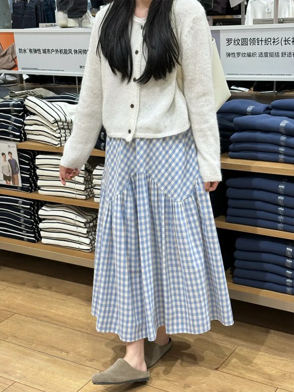 Plus Size Japanese-Style Irregular Splicing Plaid Skirt for Women, 2025 A-Line Large Swing Long Skirt