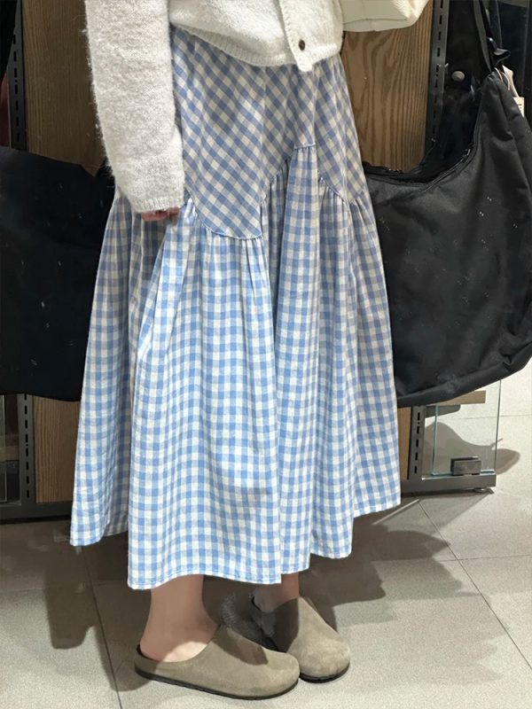 Plus Size Japanese-Style Irregular Splicing Plaid Skirt for Women, 2025 A-Line Large Swing Long Skirt