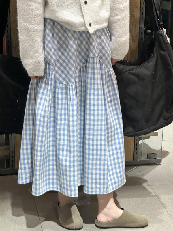 Plus Size Japanese-Style Irregular Splicing Plaid Skirt for Women, 2025 A-Line Large Swing Long Skirt