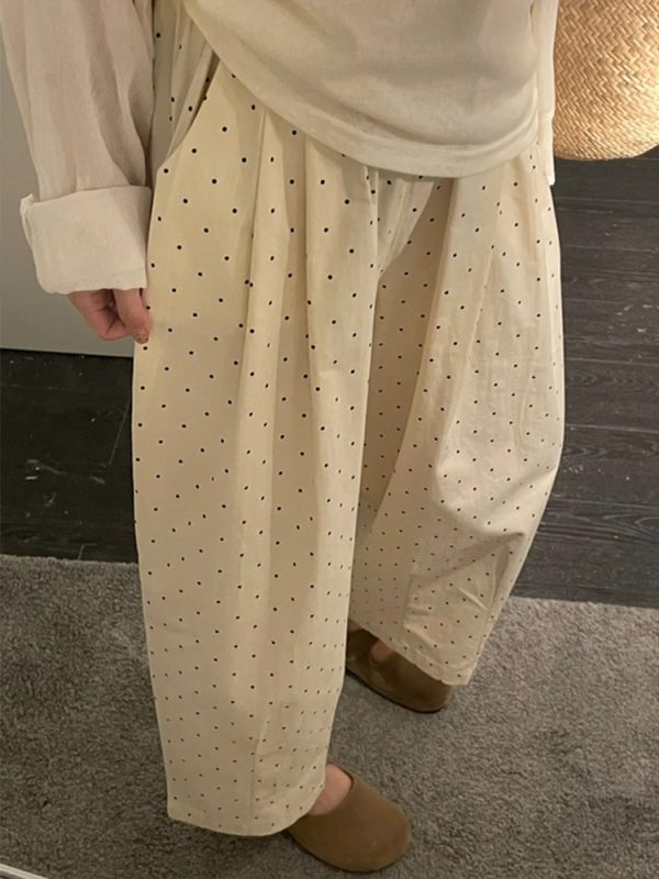 Plus Size Japanese Style Polka Dot Balloon Pants for Women, Loose Slimming Nine-Point Casual Summer Trousers for Plus-Size Petites