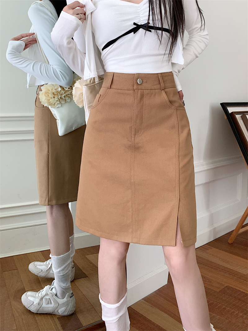 Plus Size Khaki Denim Midi Skirt for Women, Summer High-Waisted A-Line Bodycon with Slimming Split Design