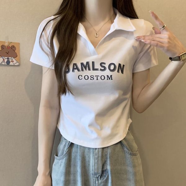 Plus Size Korean Style Letter Polo Collar Short Sleeve T-Shirt for Women - Tummy-Covering Slim Fit Cropped Top for Summer
